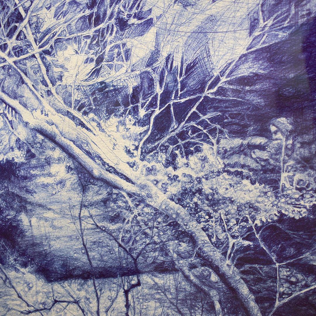 The Unseen (Ballpoint pen landscape drawing on paper in Blue ink) - Contemporary Art by Linda Newman Boughton