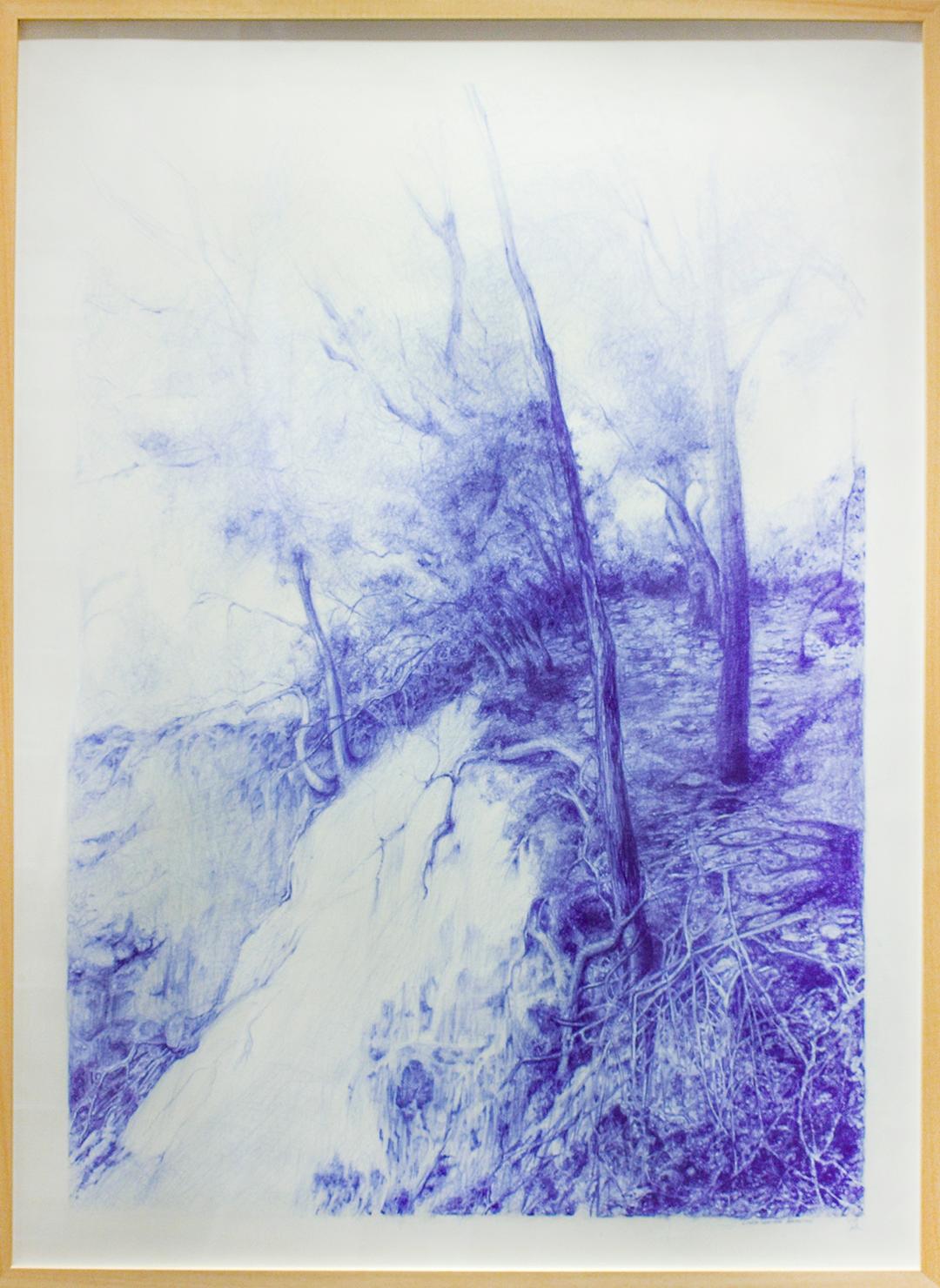 Linda Newman Boughton Landscape Art - The Seen (Realistic Landscape Blue Ballpoint Pen Drawing of Forest & Waterfall)