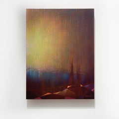 West Over Hudson: Abstracted Landscape Painting of City Skyline & Blue Mountains