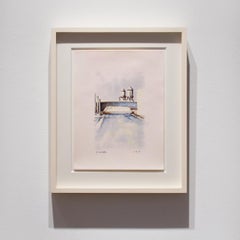 Untitled I (Abstracted Cityscape Painting of Skyline & Water Towers in Blue)