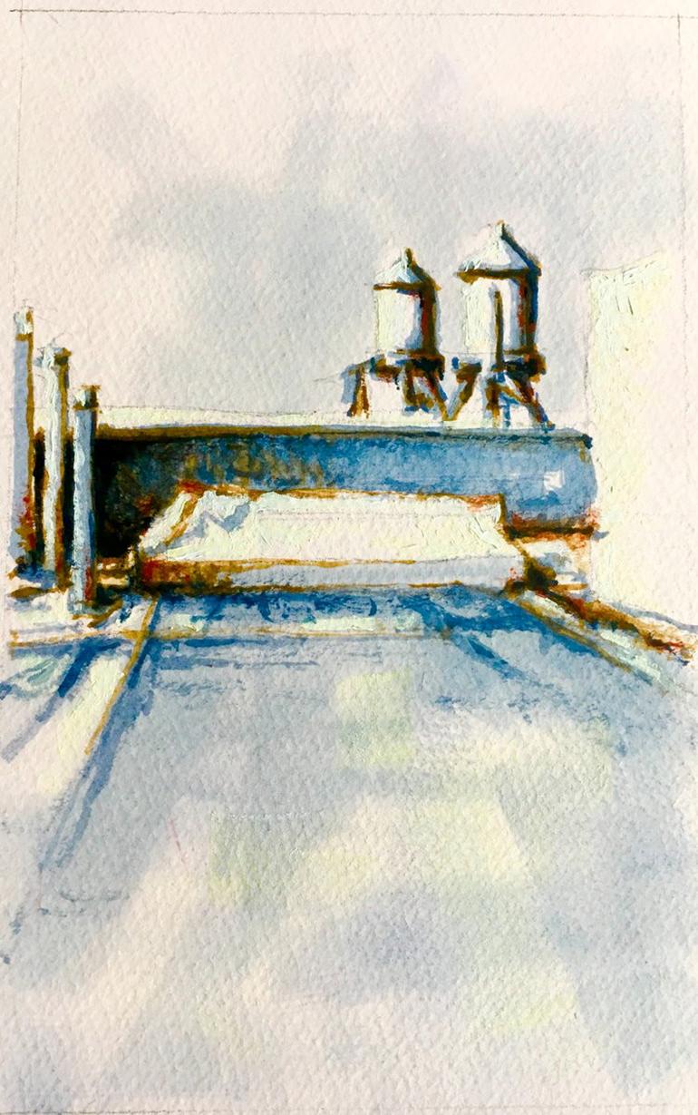 Senza titolo I (Pittura astratta di paesaggio urbano e torri d'acqua in blu)