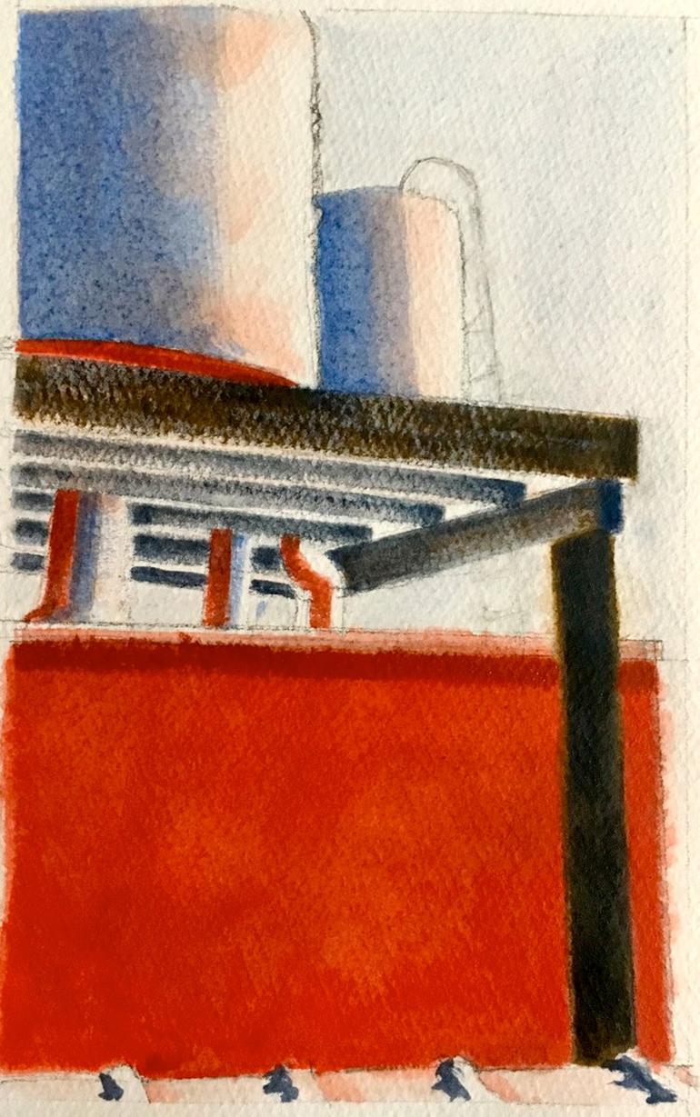 Ohne Titel II (Abstrakte Stadtlandschaft, Gemälde mit Skyline und Wasserturm in Rot und Blau)