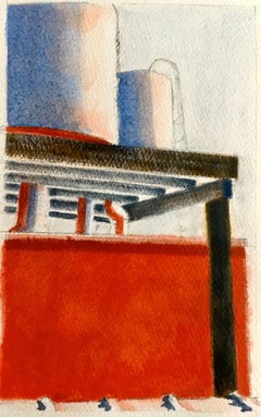 Untitled II (Abstract Cityscape Painting of Skyline & Water Tower in Red & Blue)