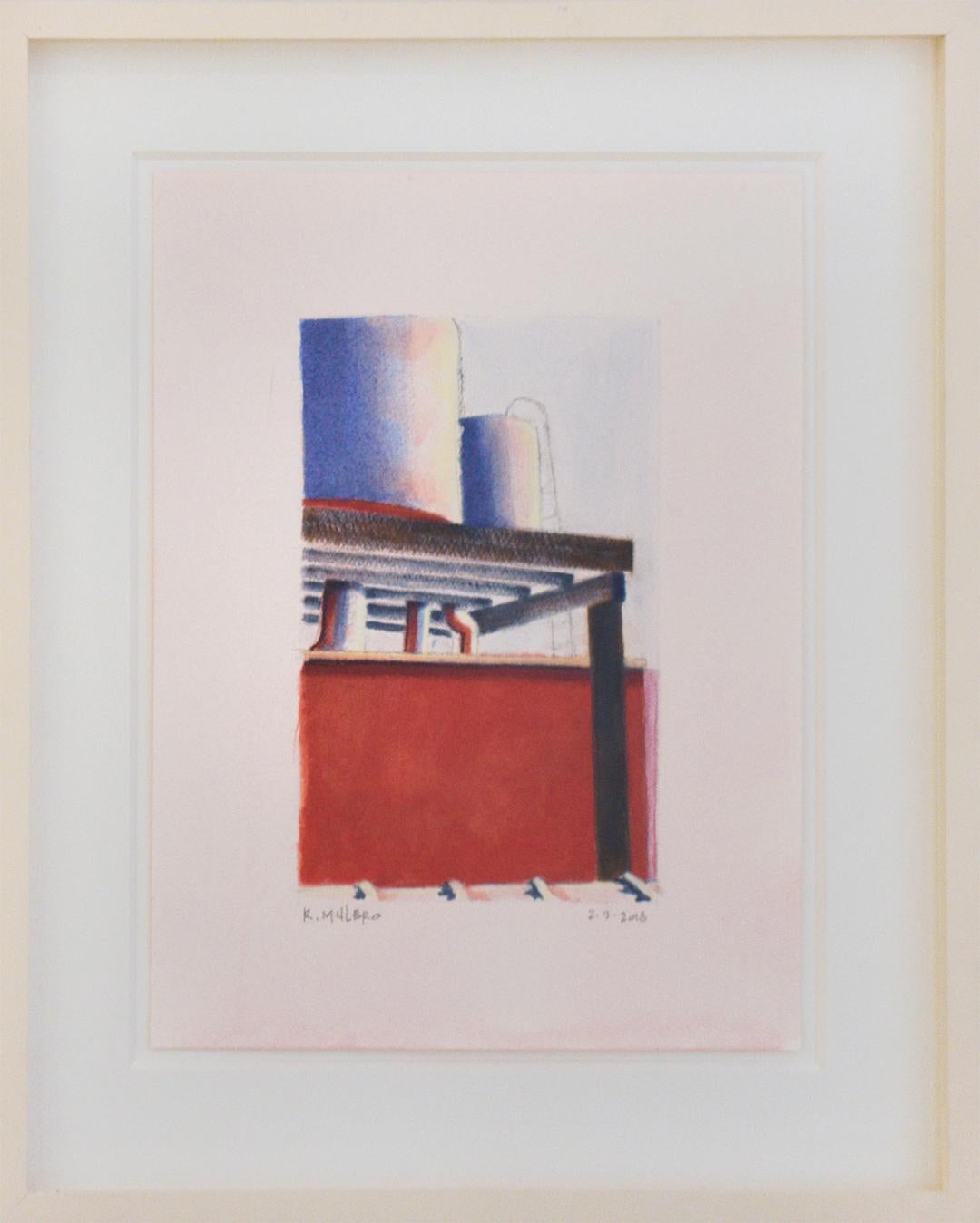 Ohne Titel II (Abstrakte Stadtlandschaft, Gemälde mit Skyline und Wasserturm in Rot und Blau) – Painting von Ricardo Mulero 
