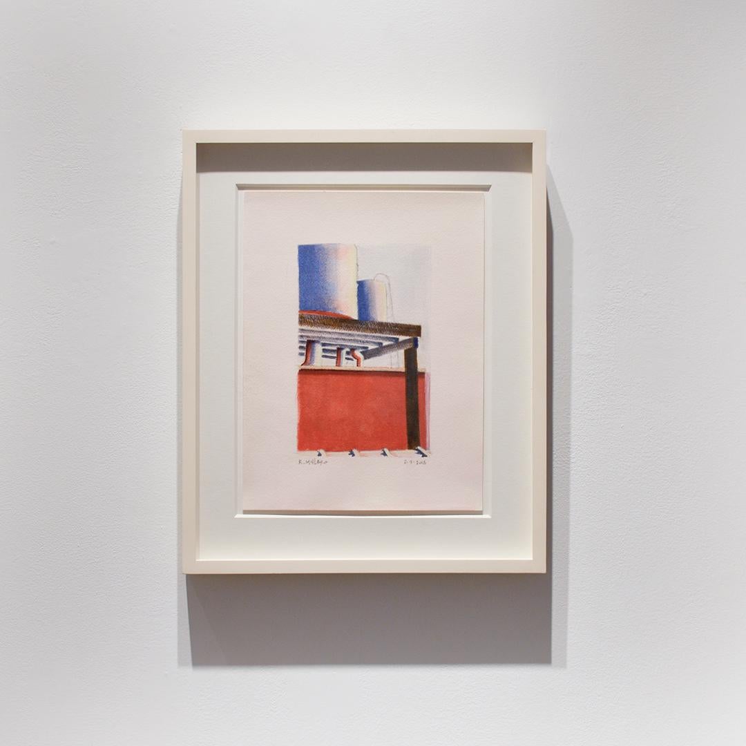 Ohne Titel II (Abstrakte Stadtlandschaft, Gemälde mit Skyline und Wasserturm in Rot und Blau) (Moderne), Painting, von Ricardo Mulero 