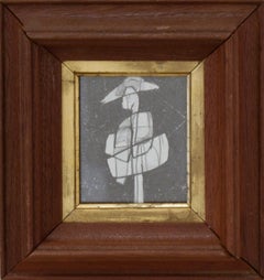 Infanta LX: Figurative Cubist Abstract Graphite Drawing with Antique Wood Frame