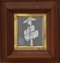 Infanta LX: Figurative Cubist Abstract Graphite Drawing with Antique Wood Frame 