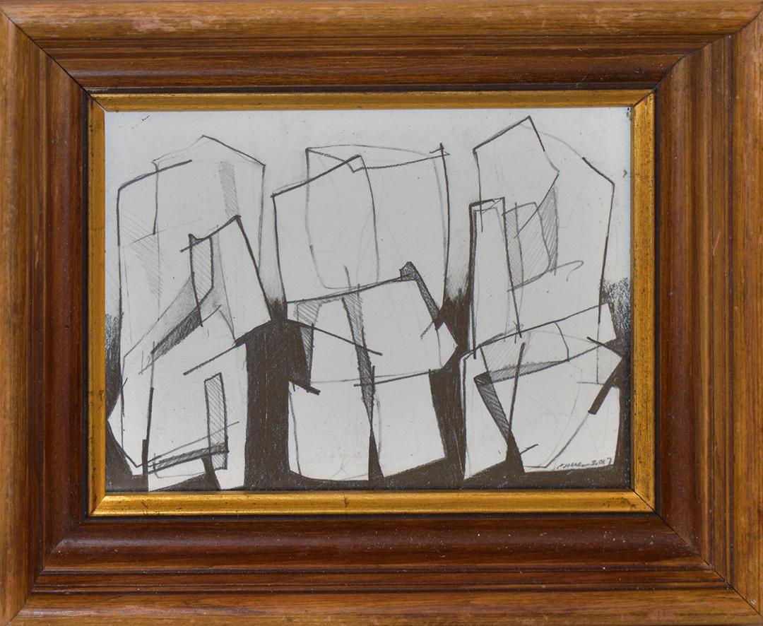 David Dew Bruner Figurative Art - Three Figures: Figurative Cubist Abstract Graphite Drawing in Vintage Wood Frame