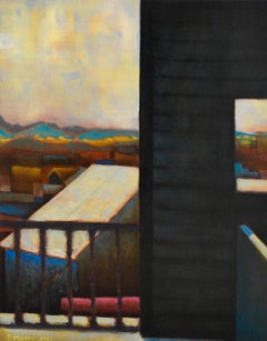 The Back Stairs: Abstract Landscape Painting of City Rooftops in Teal & Magenta