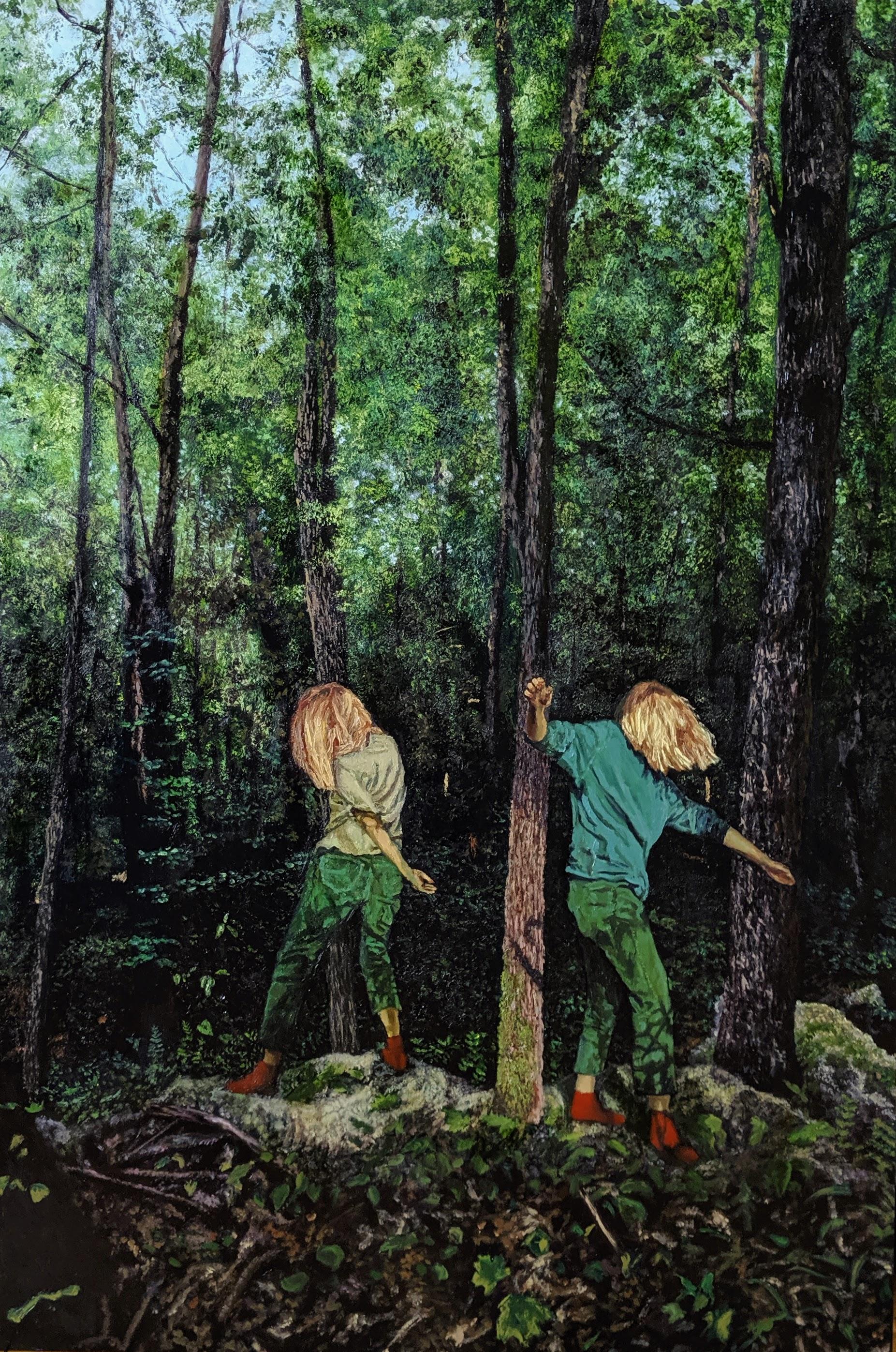 Surrealist style figurative painting of two young blonde girls dancing in an evergreen forest landscape 
"Secret Song" by Hudson Valley based artist Annika Tucksmith
oil on panel, 36 x 24 x 2 inches
Sides are painted black so additional framing is