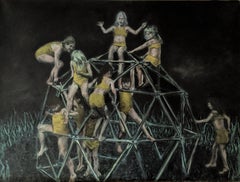 Playground: Figurative Painting on Panel of Young Girls in Yellow on Playground