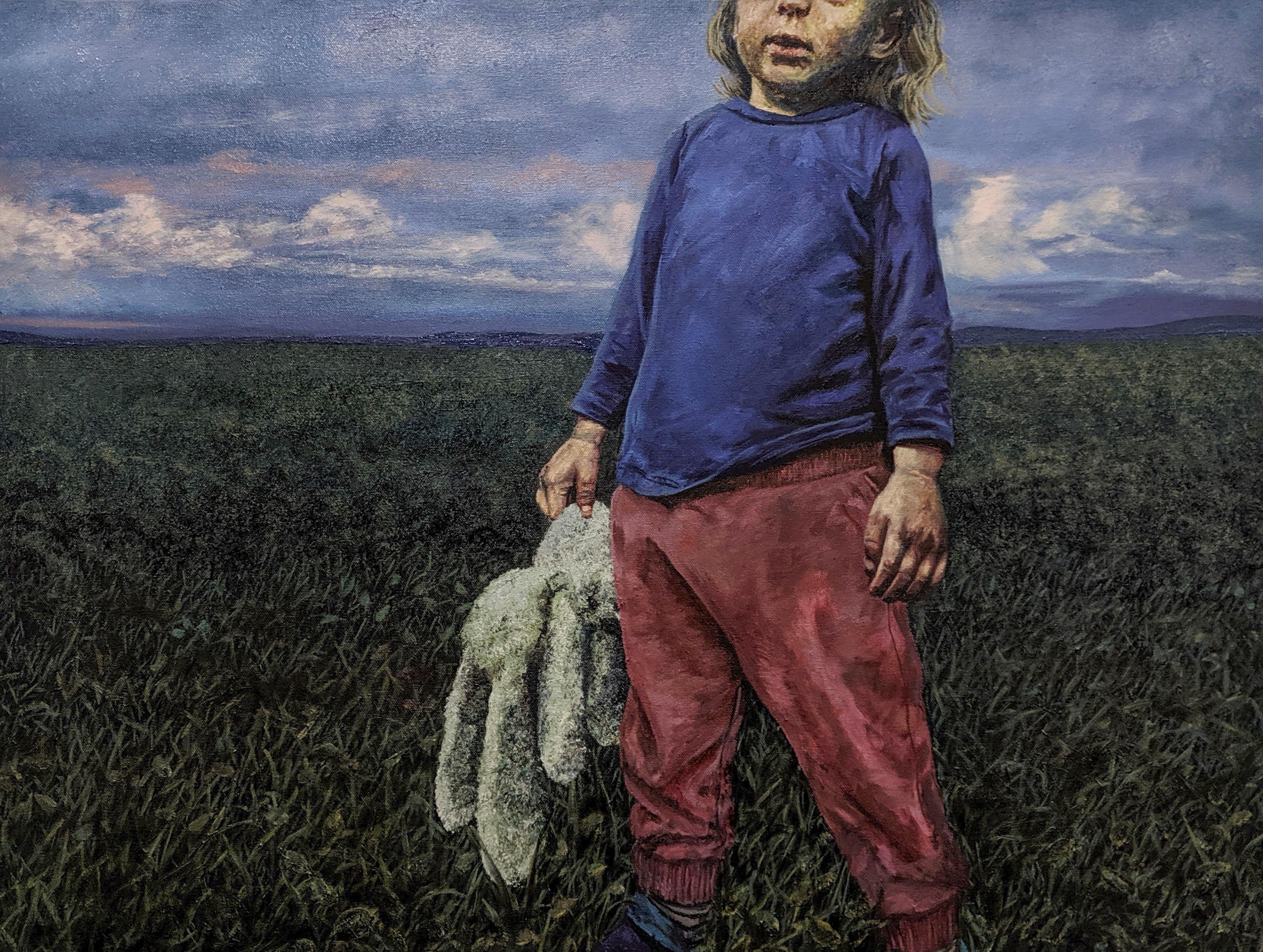 Annika Tucksmith Landscape Painting - Maybe Its Only Us: Figurative Painting of Young Boy in Stormy Country Landscape