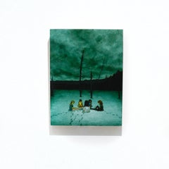 The Meeting: Figurative Paintings of Girls in a Winter Teal Green Landscape