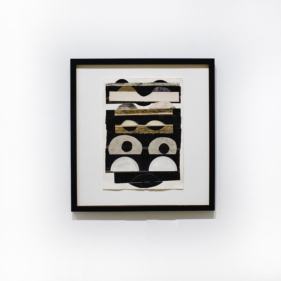 OCCULAE (Abstract Geometric Mixed Media Collage in White, Black, and Beige)  - Painting by Nancy Egol Nikkal