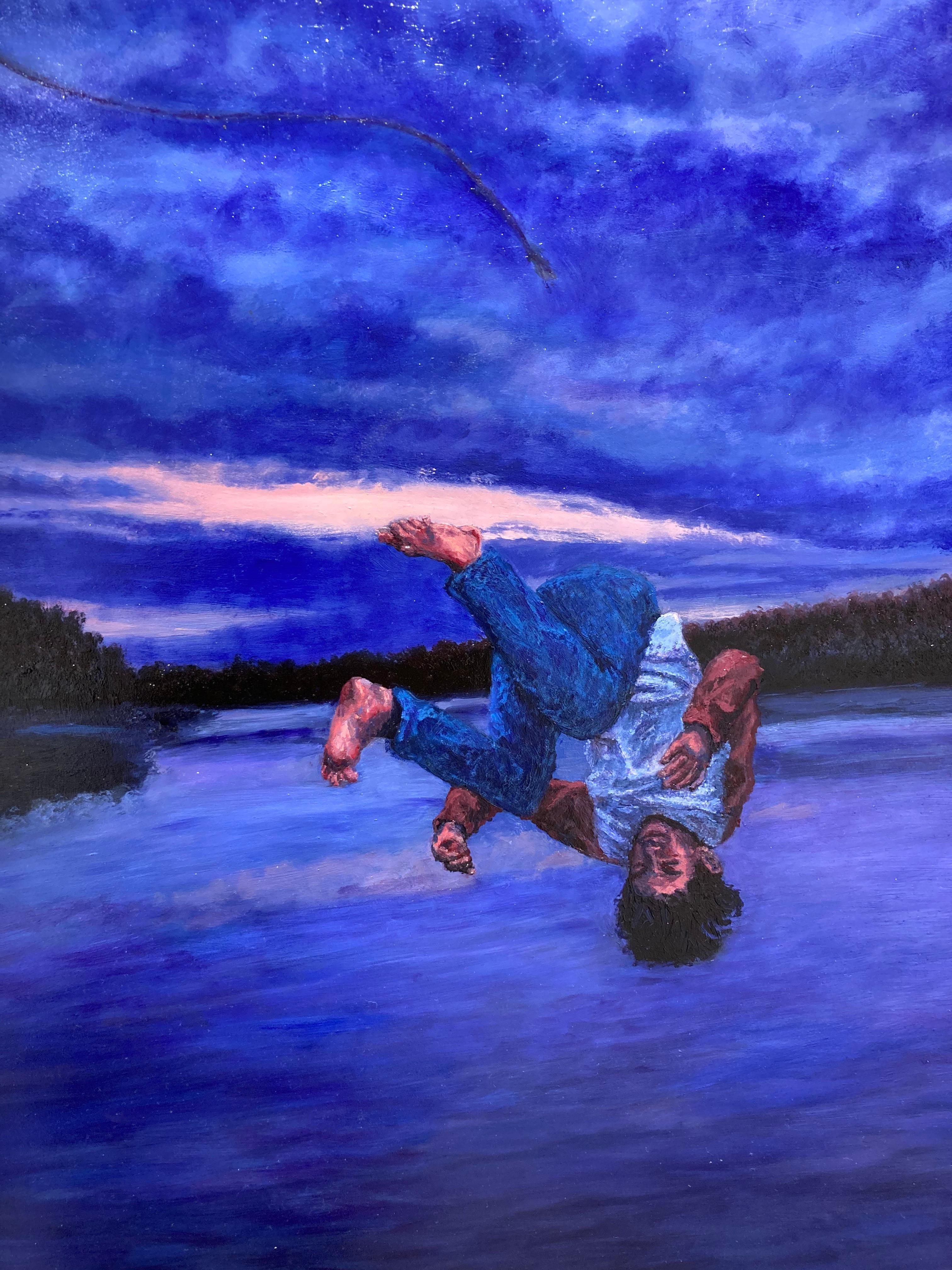 Whimsical figurative painting of a young boy jumping into a purple blue lake landscape at twilight
