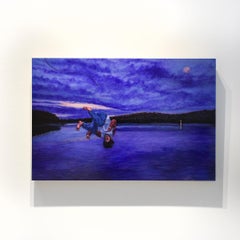 Into Night: Figurative Painting of a Boy Jumping Into a Blue Lake Landscape