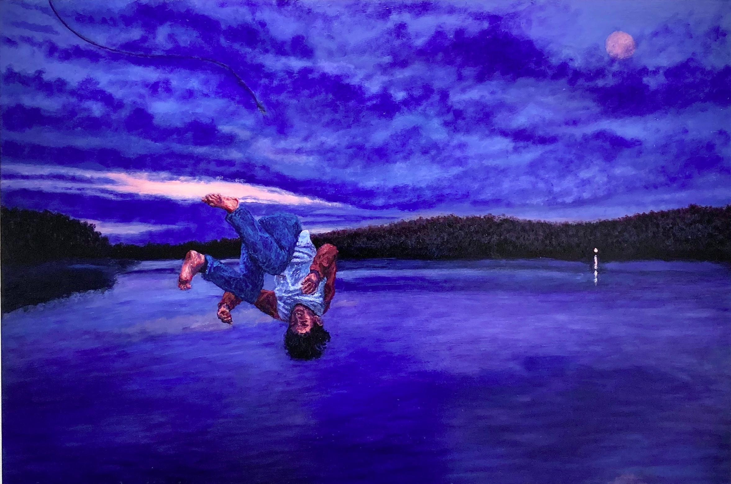 Annika Tucksmith Landscape Painting - Into Night: Figurative Painting of a Boy Jumping Into a Blue Lake Landscape 