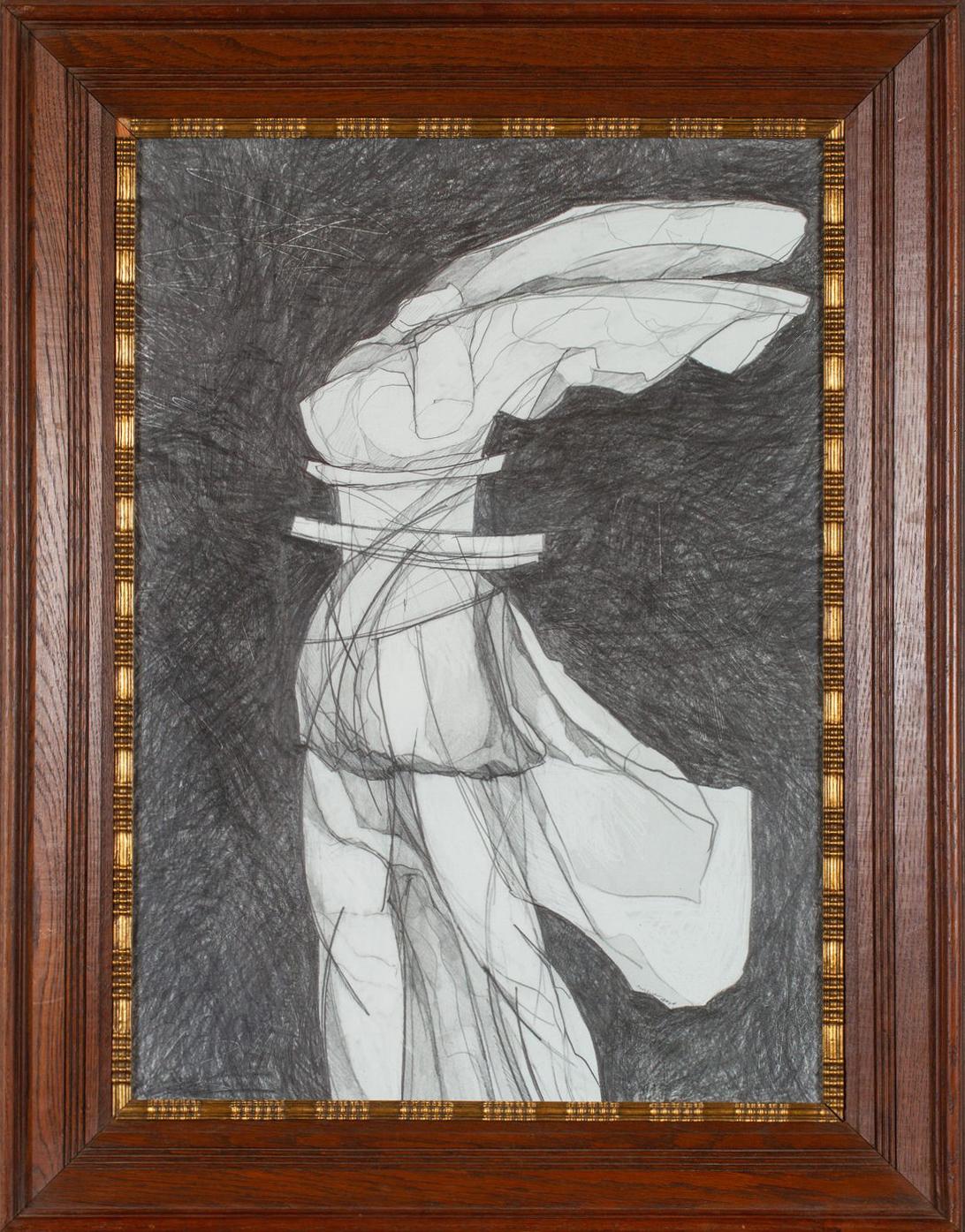 David Dew Bruner Abstract Drawing – Nike VI: Figurative abstrakte Graphitzeichnung der Göttin Nike, antiker Rahmen