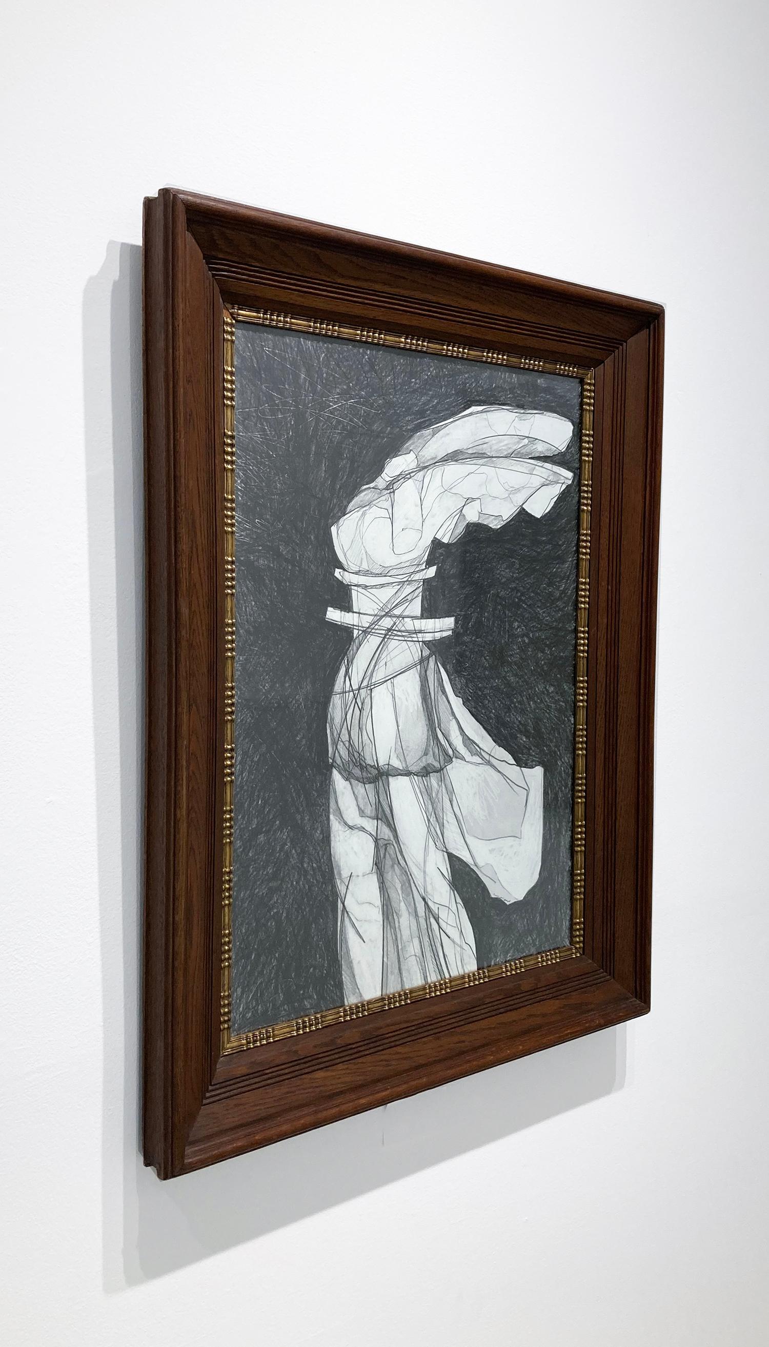 Nike VI: Figurative Abstract Graphite Drawing of Goddess Nike, Antique Frame - Art by David Dew Bruner