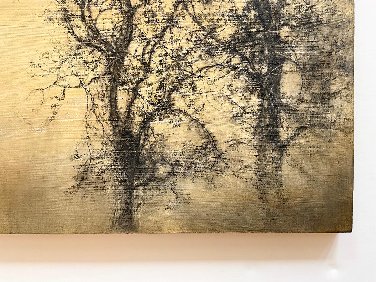 Two Trees: Realistic Charcoal Landscape Drawing of Trees on Pale Yellow - Modern Art by Sue Bryan