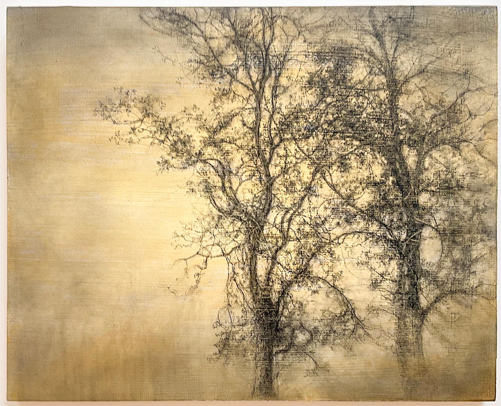Sue Bryan Figurative Art - Two Trees: Realistic Charcoal Landscape Drawing of Trees on Pale Yellow