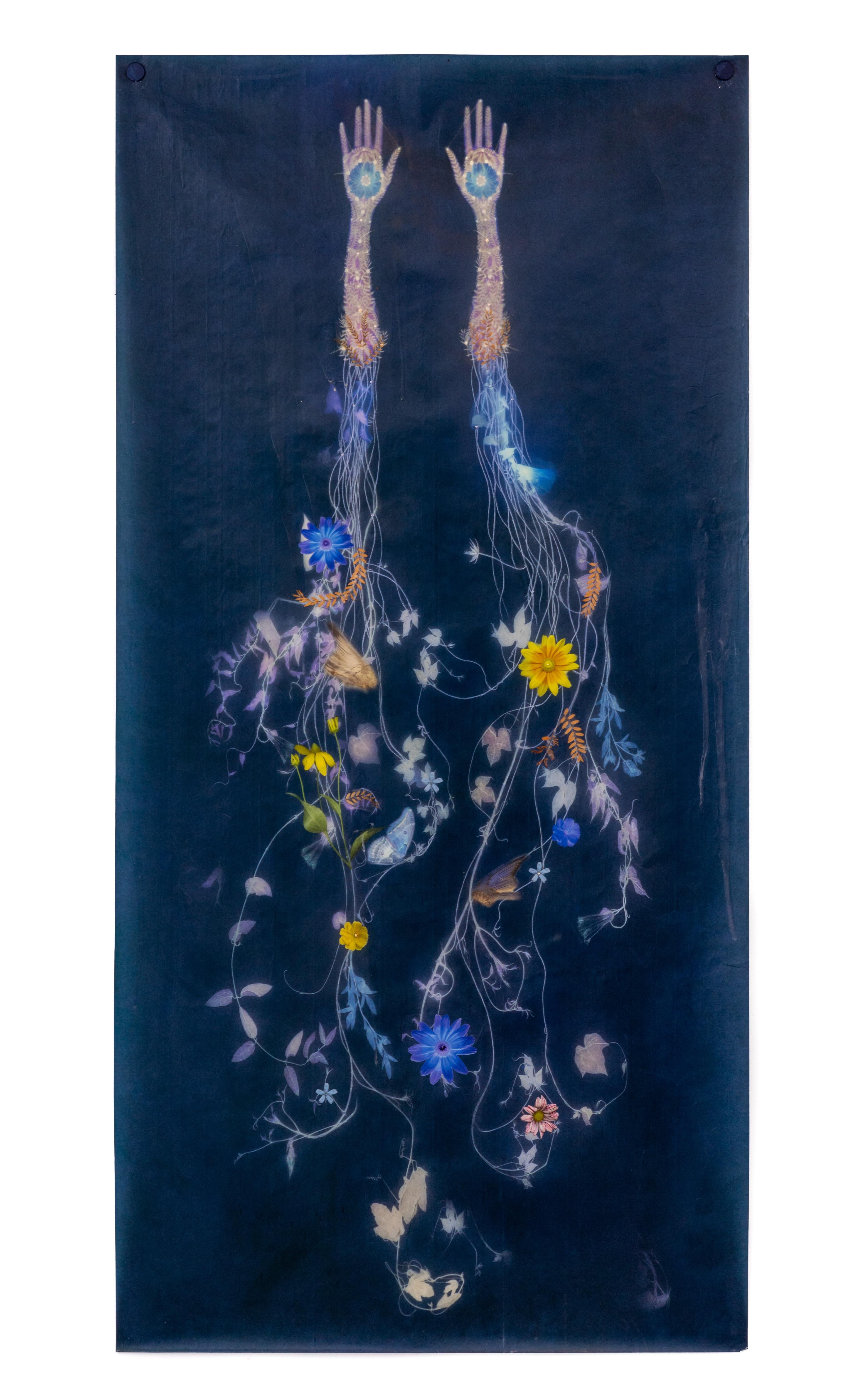 Sisters #4 (Contemporary Vertical Indigo Panel of Hands and Botanicals, Waxed)