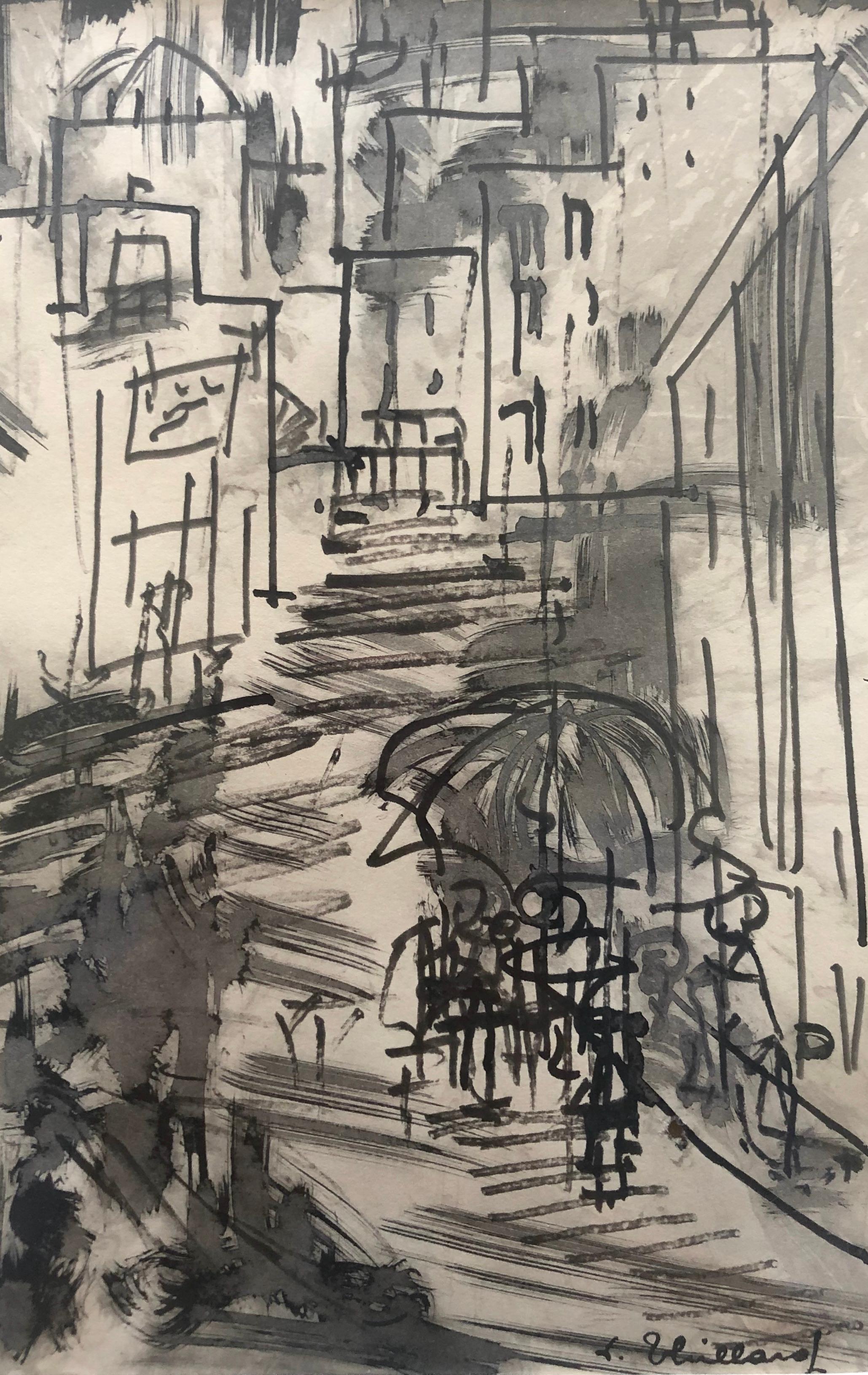 Unknown Landscape Art - Animated Street, Mixed Technique Early Twentieth, Signature To Identify