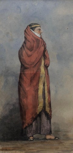Antique Oriental Woman, Nineteenth Watercolor, Signature To Identify