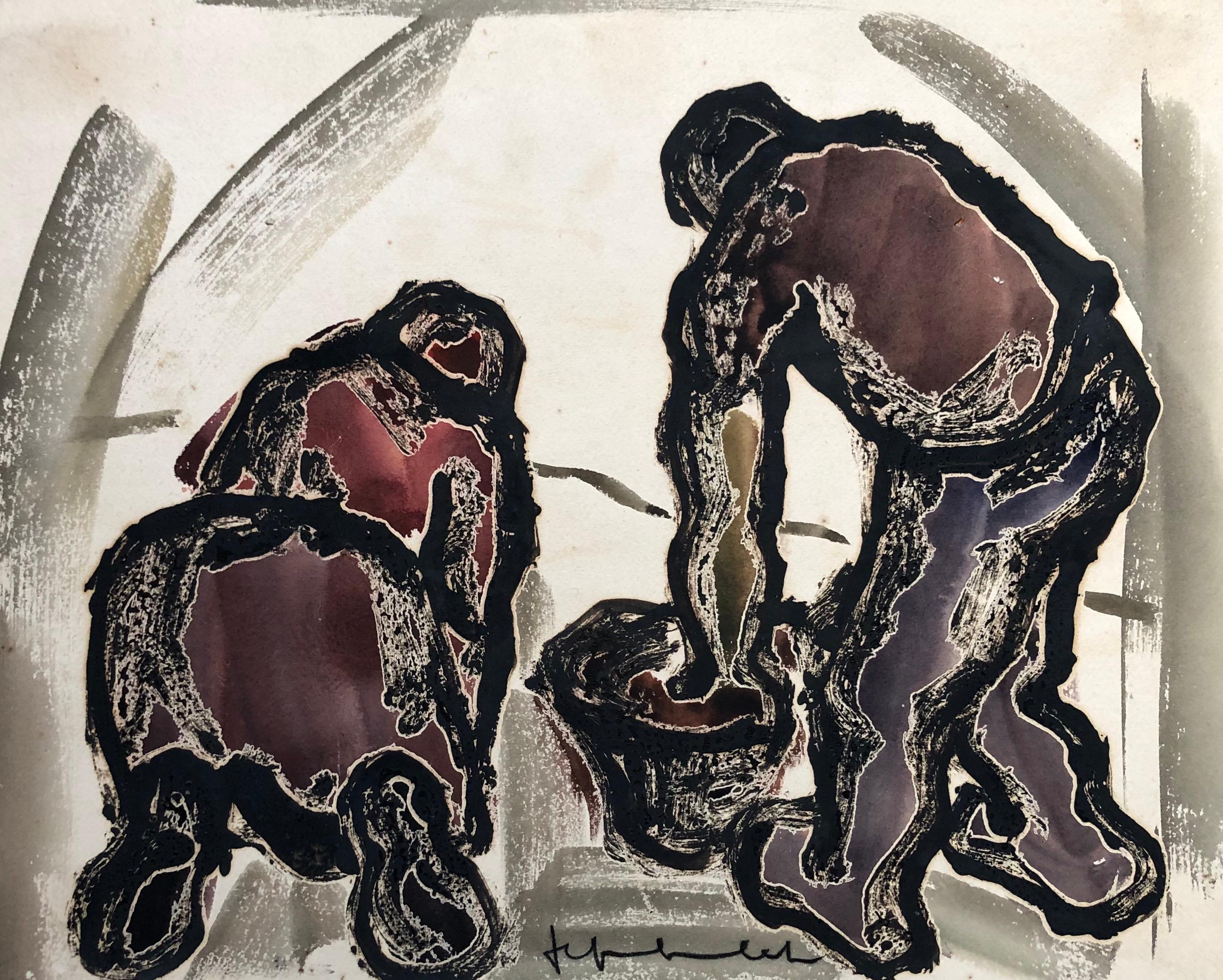 Jef FRIBOULET (1919-2003)
Characters at work.
Gouache and watercolor on paper.
Small dirt.
