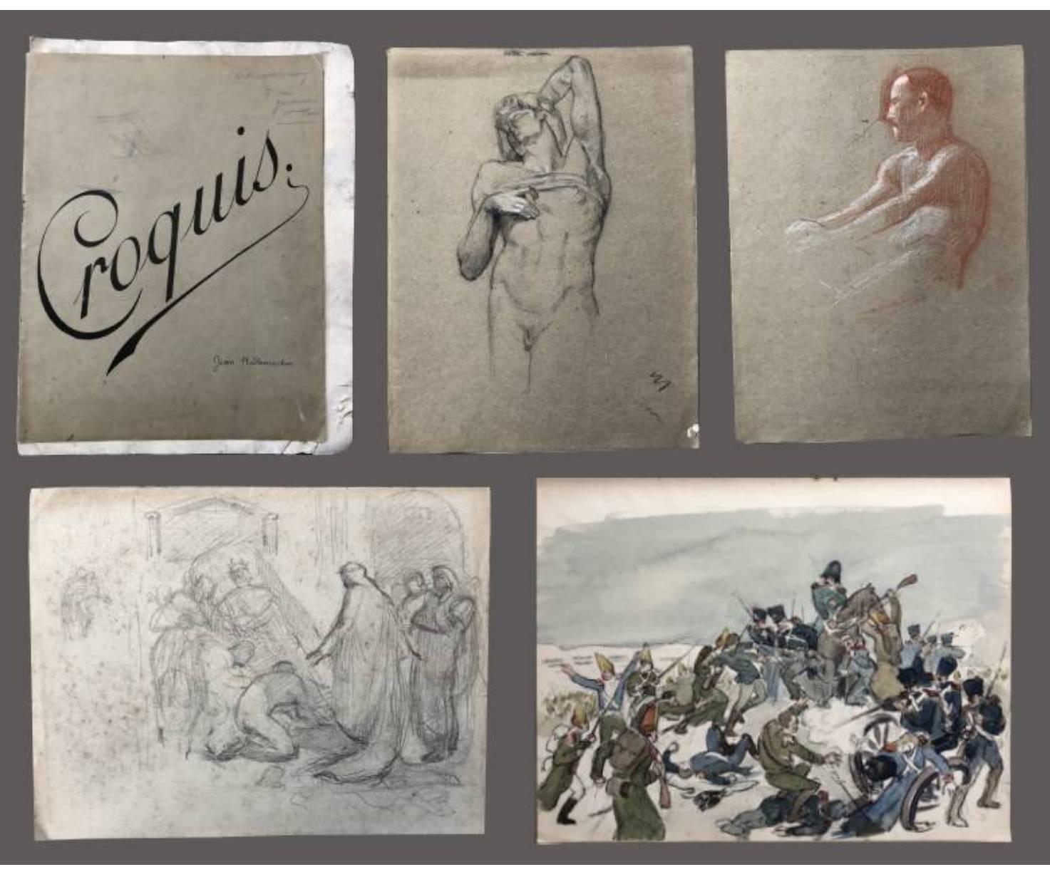 Jean Hillemacher (1889-1914)
Second Grand Prix de Rome 1913
Lot of three sketchbooks: 43 drawings.
Academic nudes, landscapes, animal studies, a watercolor battle scene.
A photograph of Paul Joseph Hillemacher in Rome in 1882, composer, uncle of the