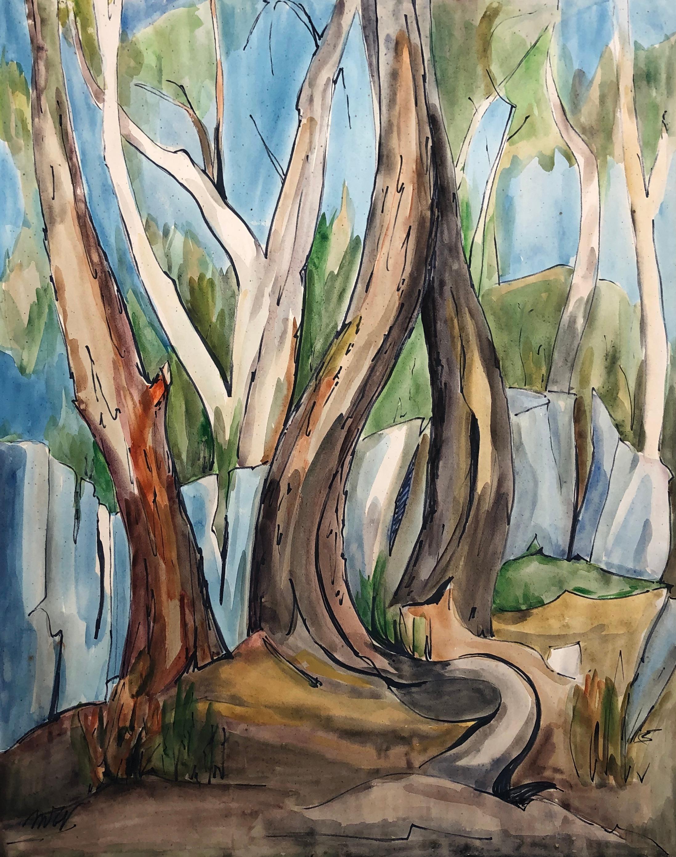 Unknown Landscape Art - Pines, Watercolor, Signature To Identify