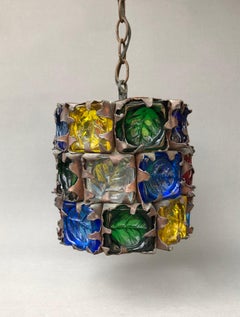 Vintage Felipe Delfinger, Pendant Lamp In Metal And Colored Glass, Mexico, 1970s