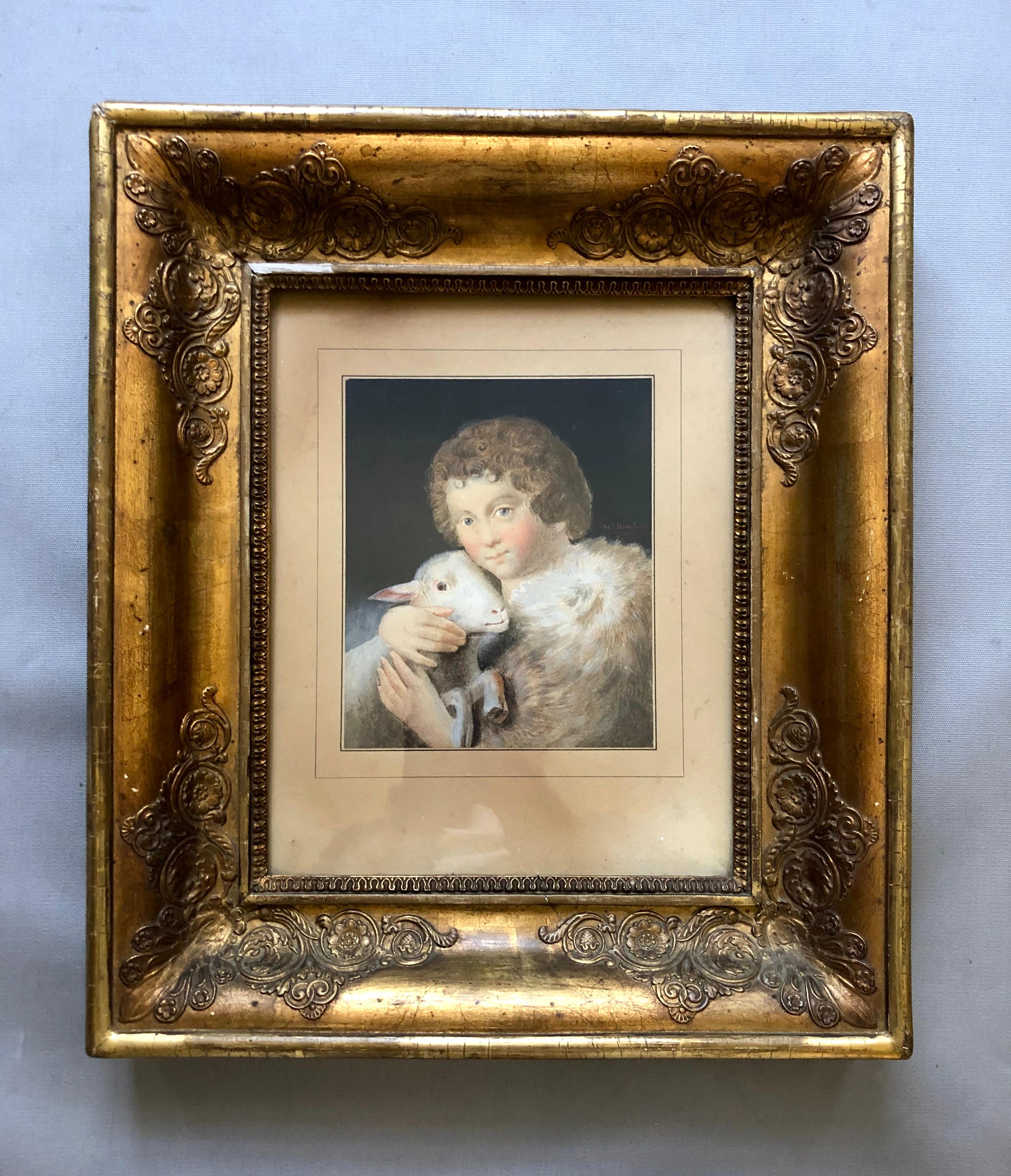 Unknown Portrait – Young Shepherd And His Lamb, Aquarell, signiert und datiert 1836
