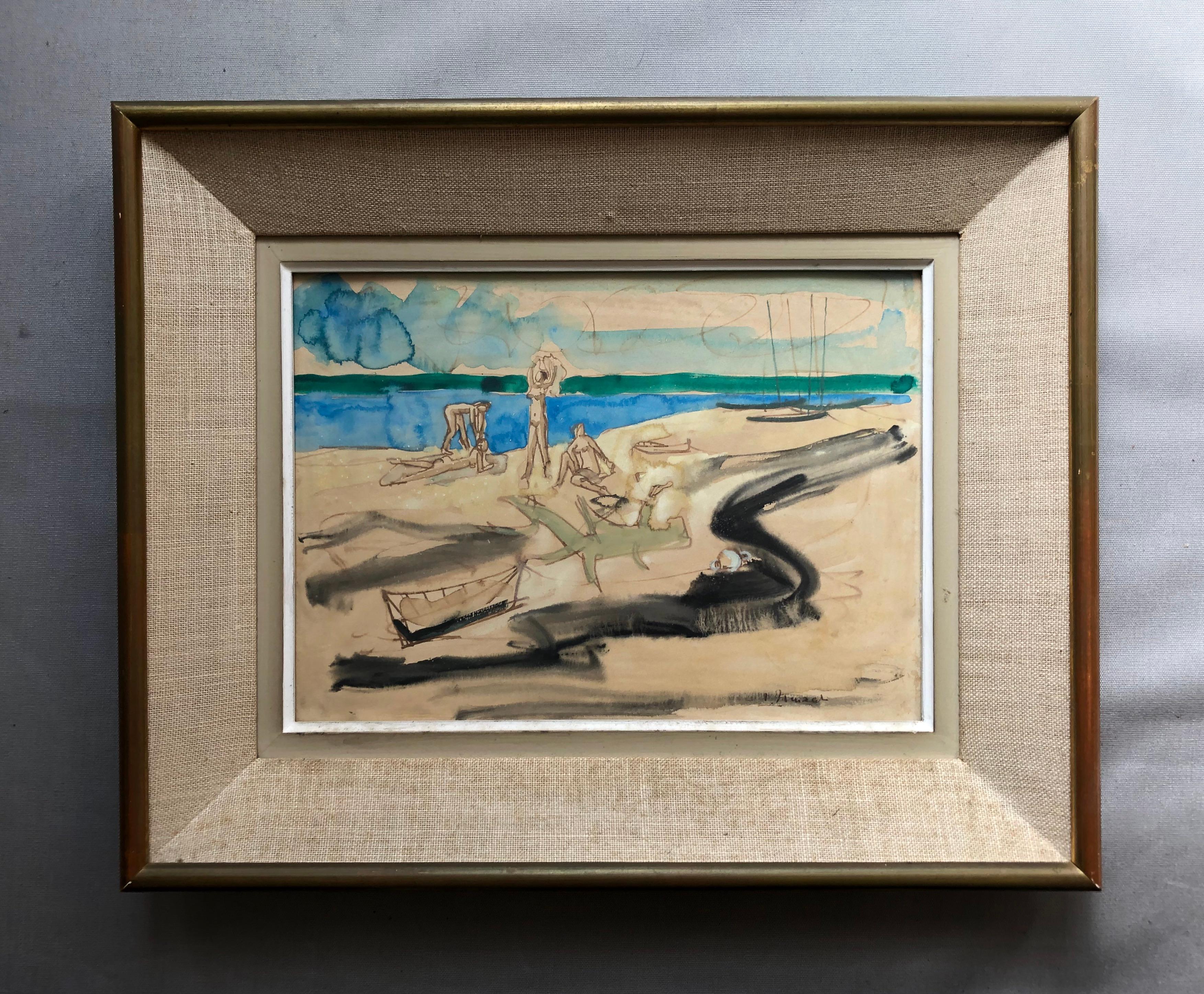 Unknown Landscape Art – At The Beach, Aquarell, Signatur zur Identifizierung