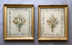 Bouquets Of Flowers, Pair Of Embroideries On Silk, 19th Century