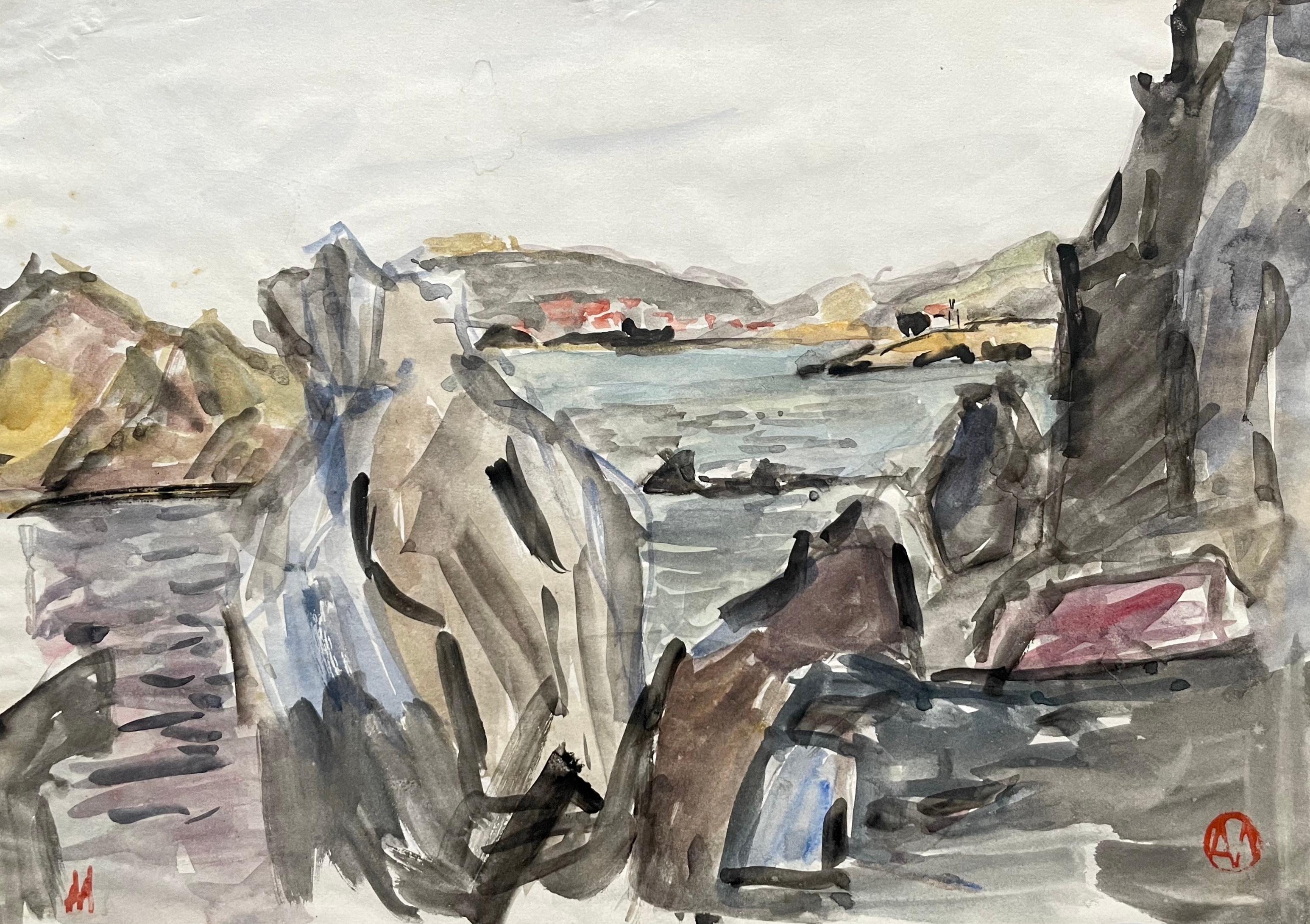 Unknown Landscape Art - Coastal Landscape, Watercolor, Stamp To Identify