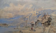 Animated Lake Landscape, Watercolor Late 19th Century