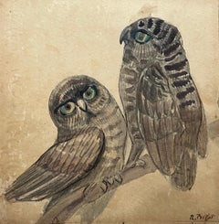 Antique Raymond Bigot, Owls, Watercolor
