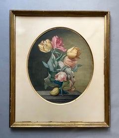 Antique Bouquet Of Tulips, Bird And Caterpillar, Large 19th Century Watercolor, Signatur