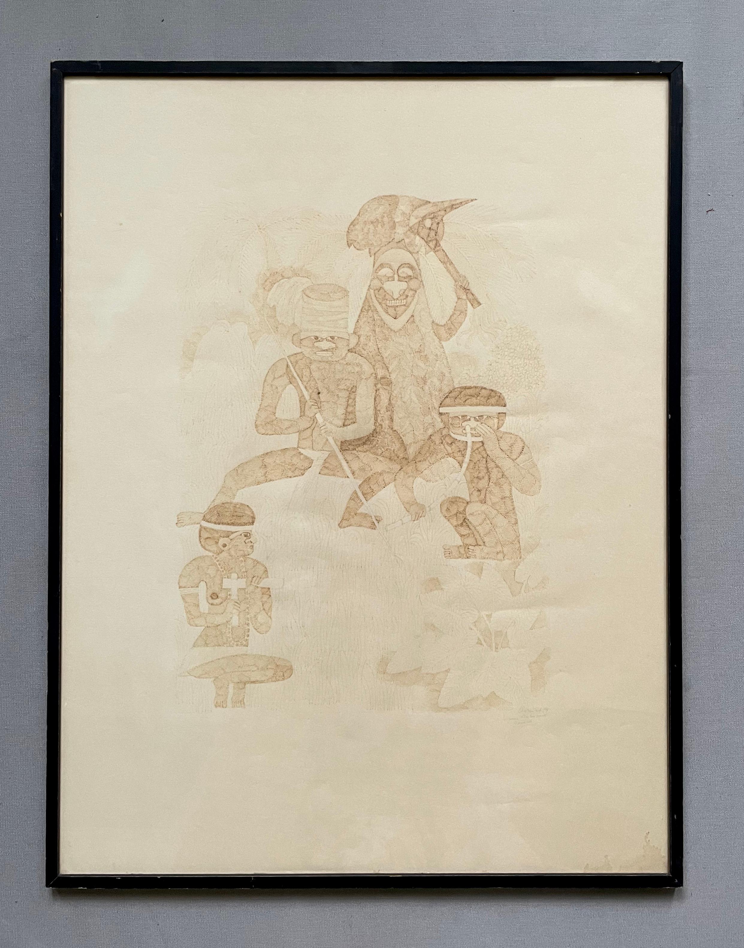 Unknown Figurative Art - Kanak Drawing, Brown Ink, New Caledonia