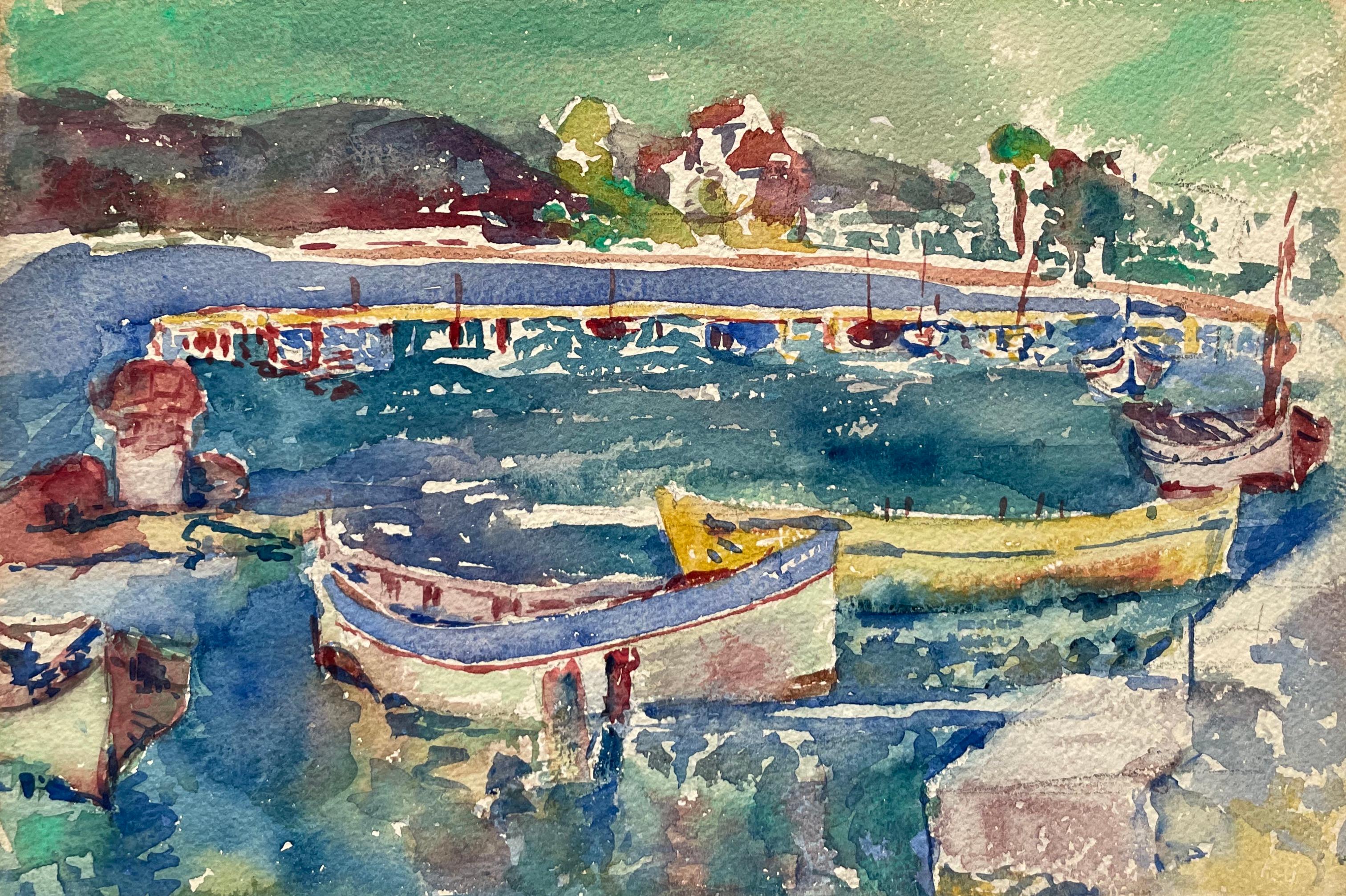 Unknown Landscape Art – Blick auf den Hafen, Aquarell