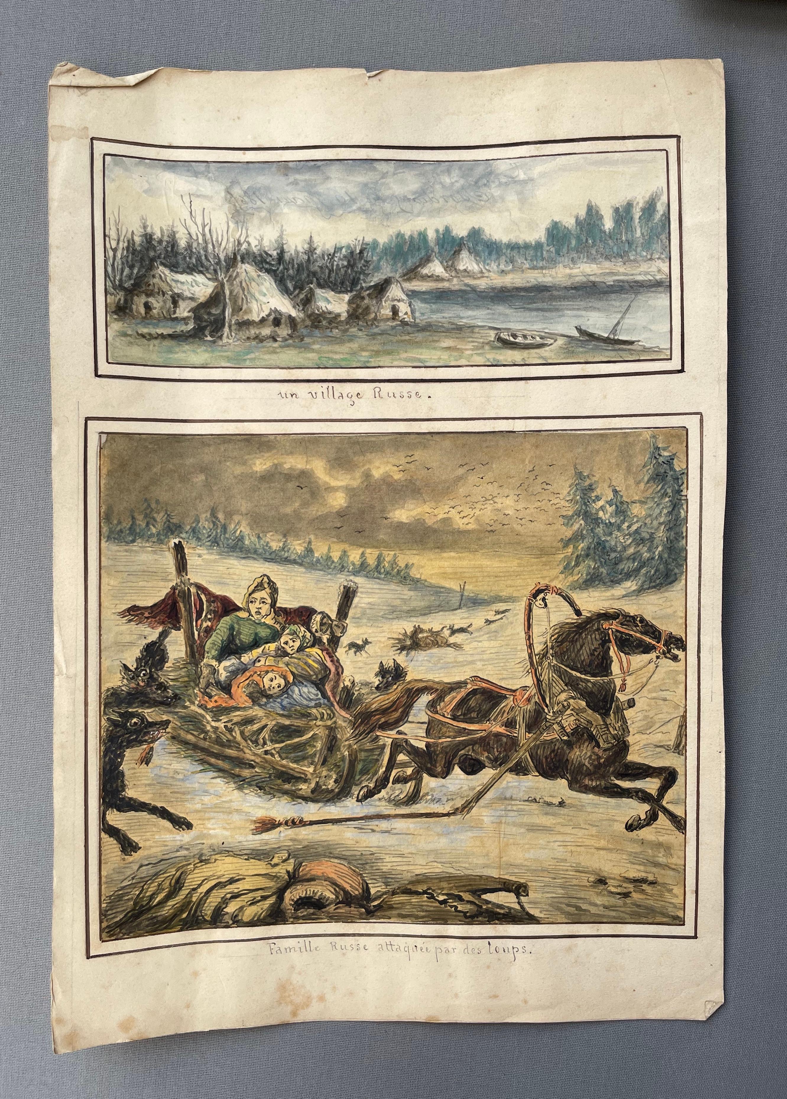 Figurative Art de Unknown - Familia rusa atacada por lobos, acuarela de viaje, siglo XIX