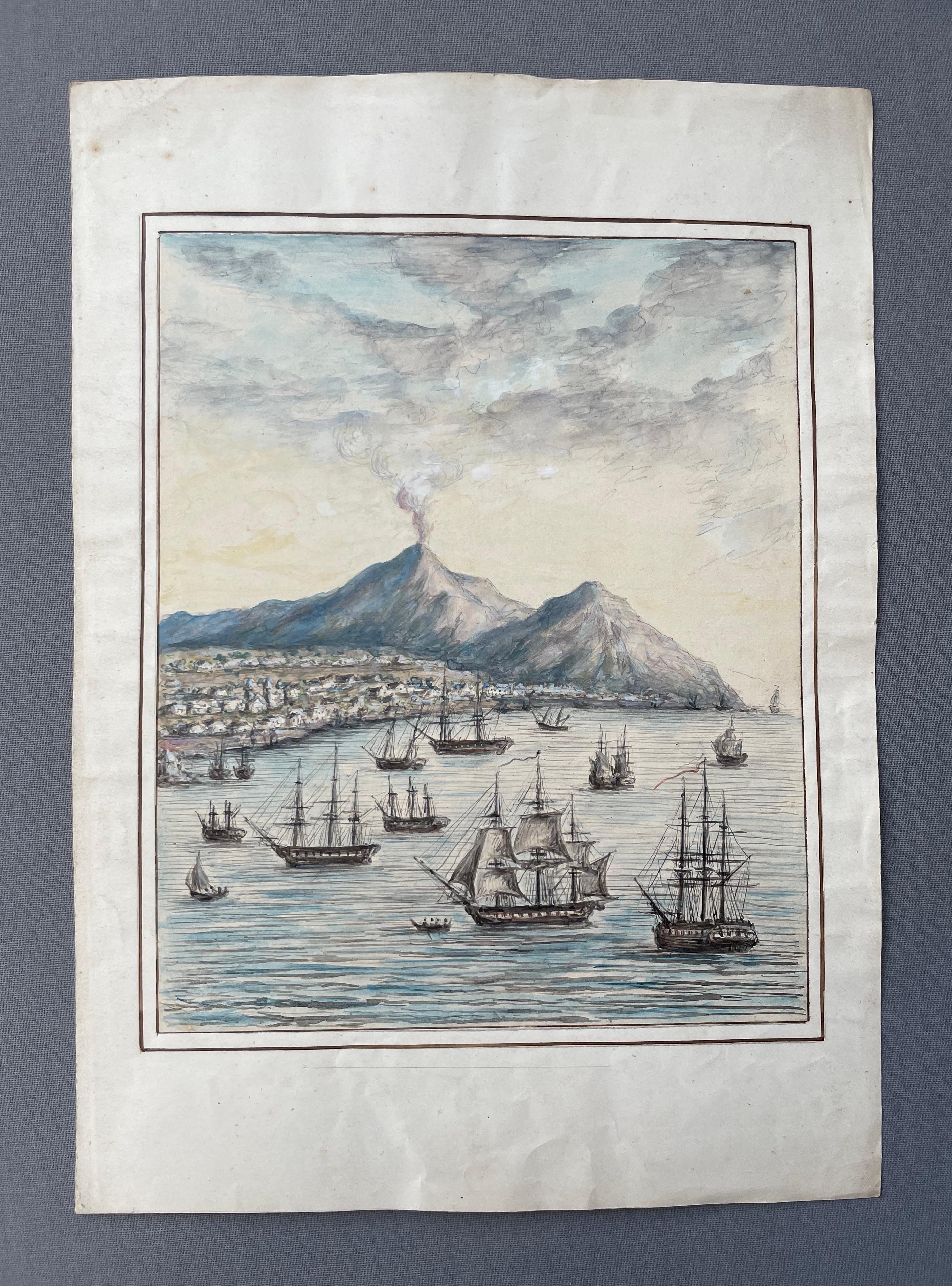 Unknown Landscape Art - Bay At The Foot Of A Volcano, Travel Watercolor, 19th Century