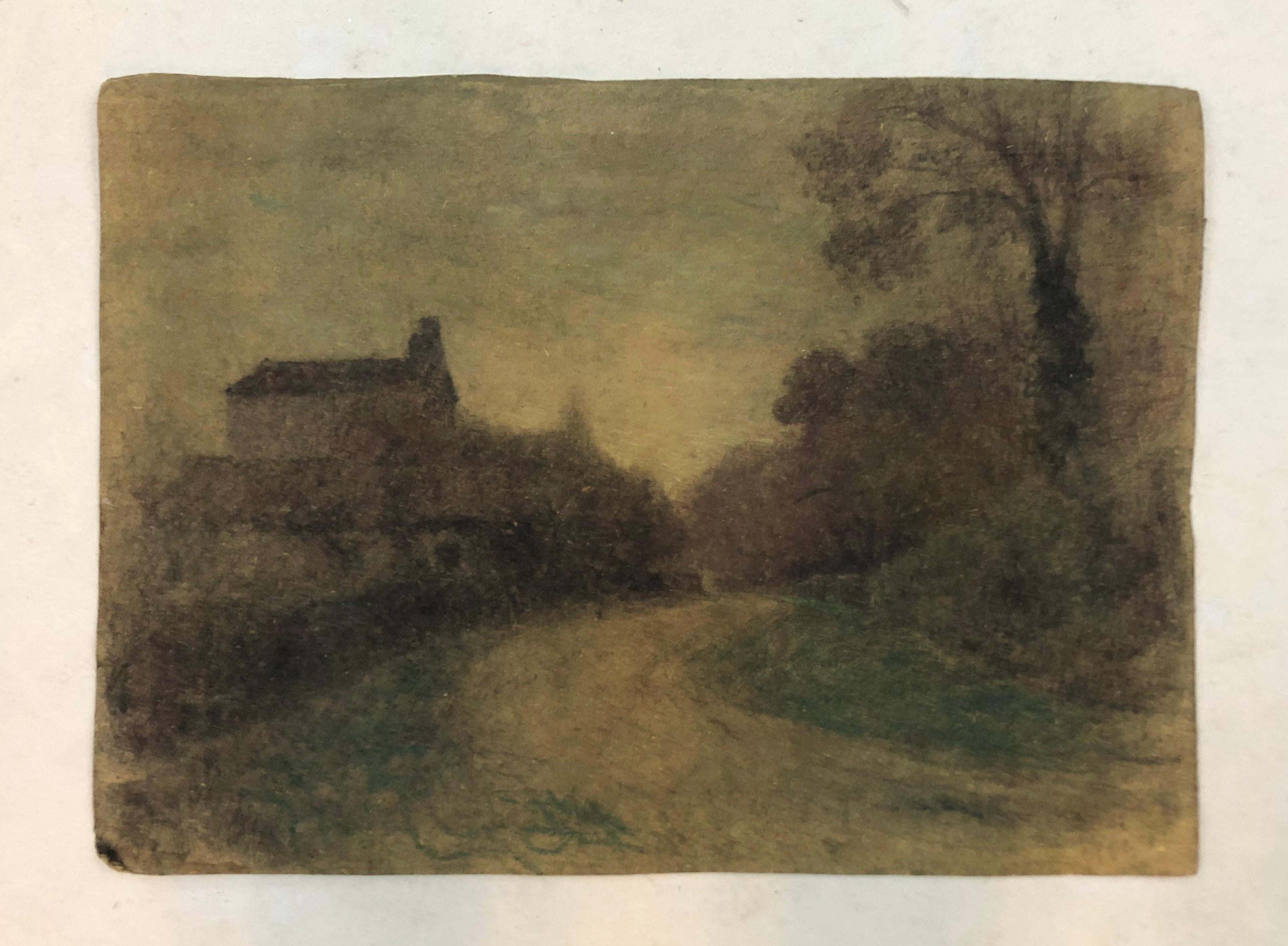Houses Along The Road, Barbizon school, Pastel - Art by Unknown