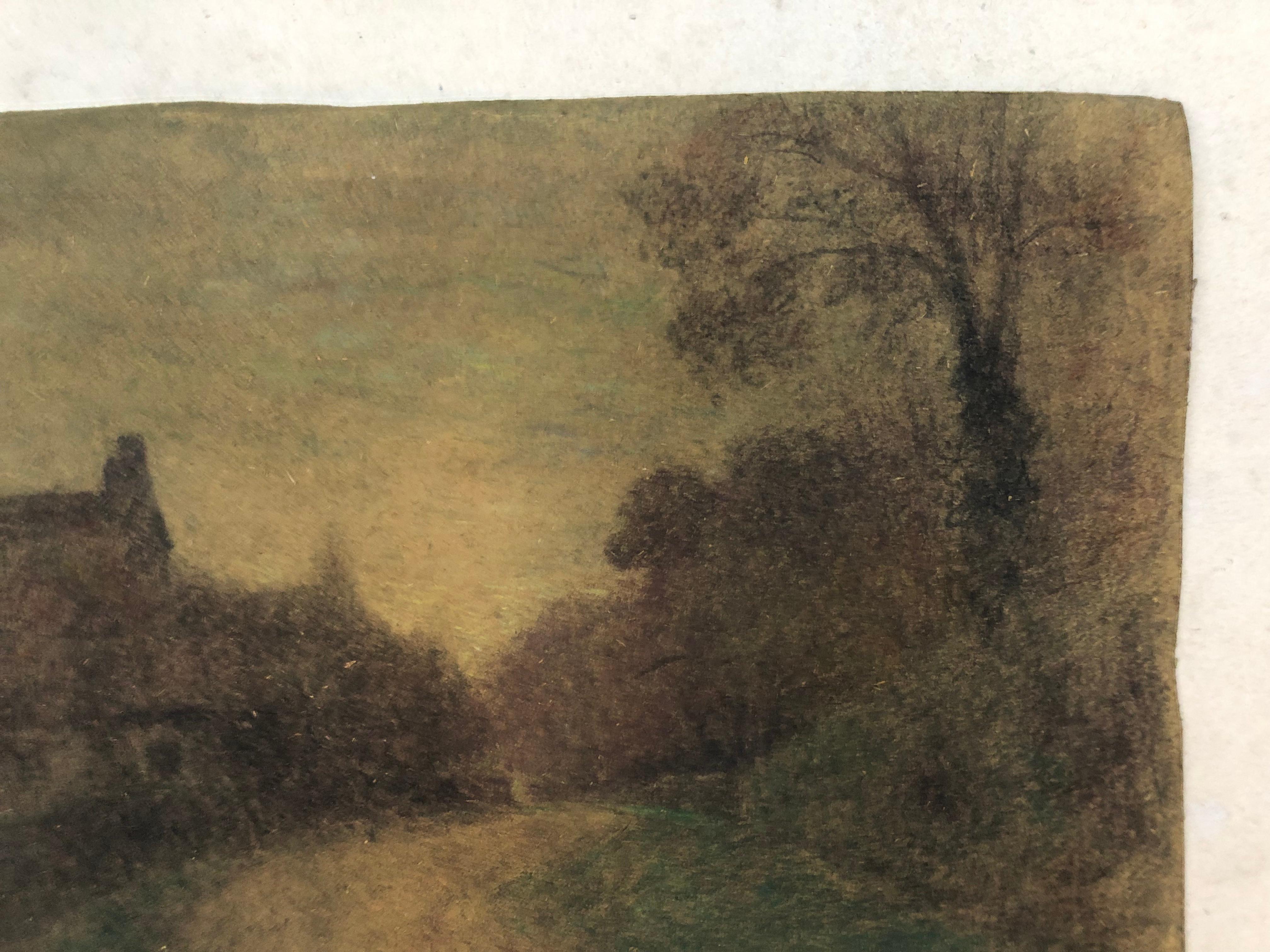 Houses along the road.
Barbizon school.
Pastel drawing, 19th century.
On the back, character in a wooded landscape, sketch in pastel.
Slight creases in the corners and on the edges of the sheet.