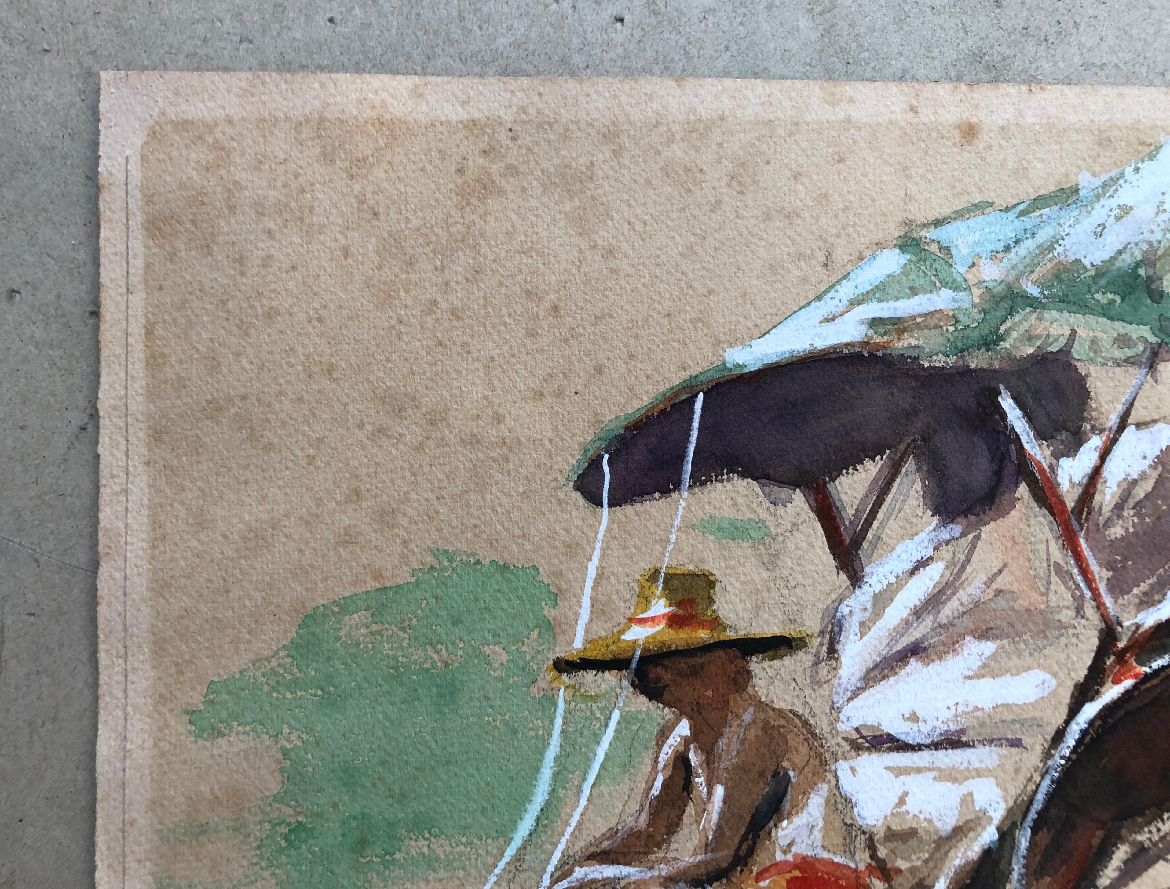 Rickshaw study.
Gouache watercolor.
Signature to be identified.
Dated 1917.
Faded paper and small foxing.
28.5 x 32.5 cm