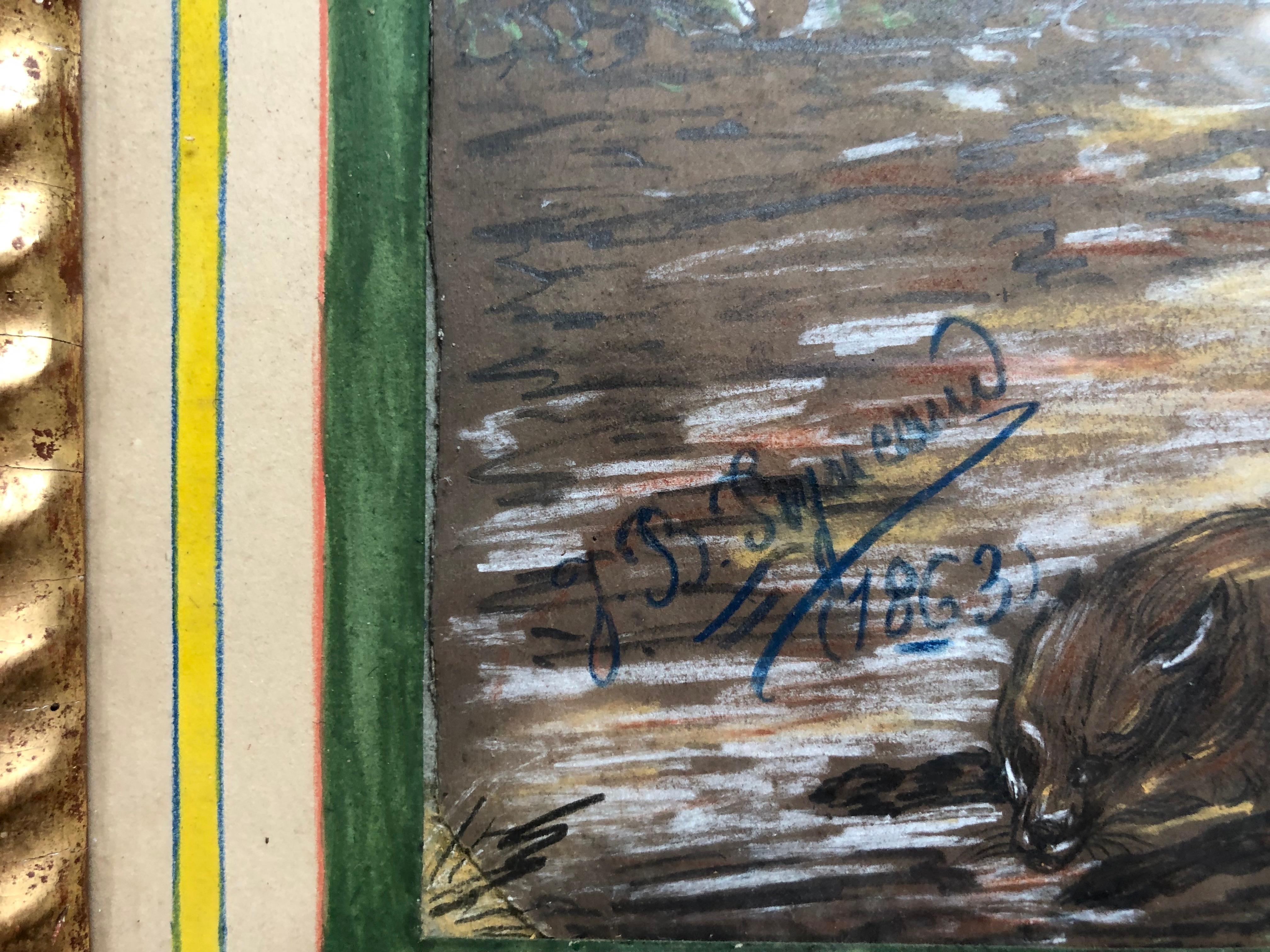 Chasse au renard.
Graphite et rehauts de pastel.
Dessin signé et daté de 1863.
Signature à identifier.
Encadré et sous verre.
Cadre ancien doré à l'or fin.
Petites lacunes de stuc dans le cadre.
Dessin (à vue) : 21 x 30,5 cm
Cadre : 33 x 43 cm