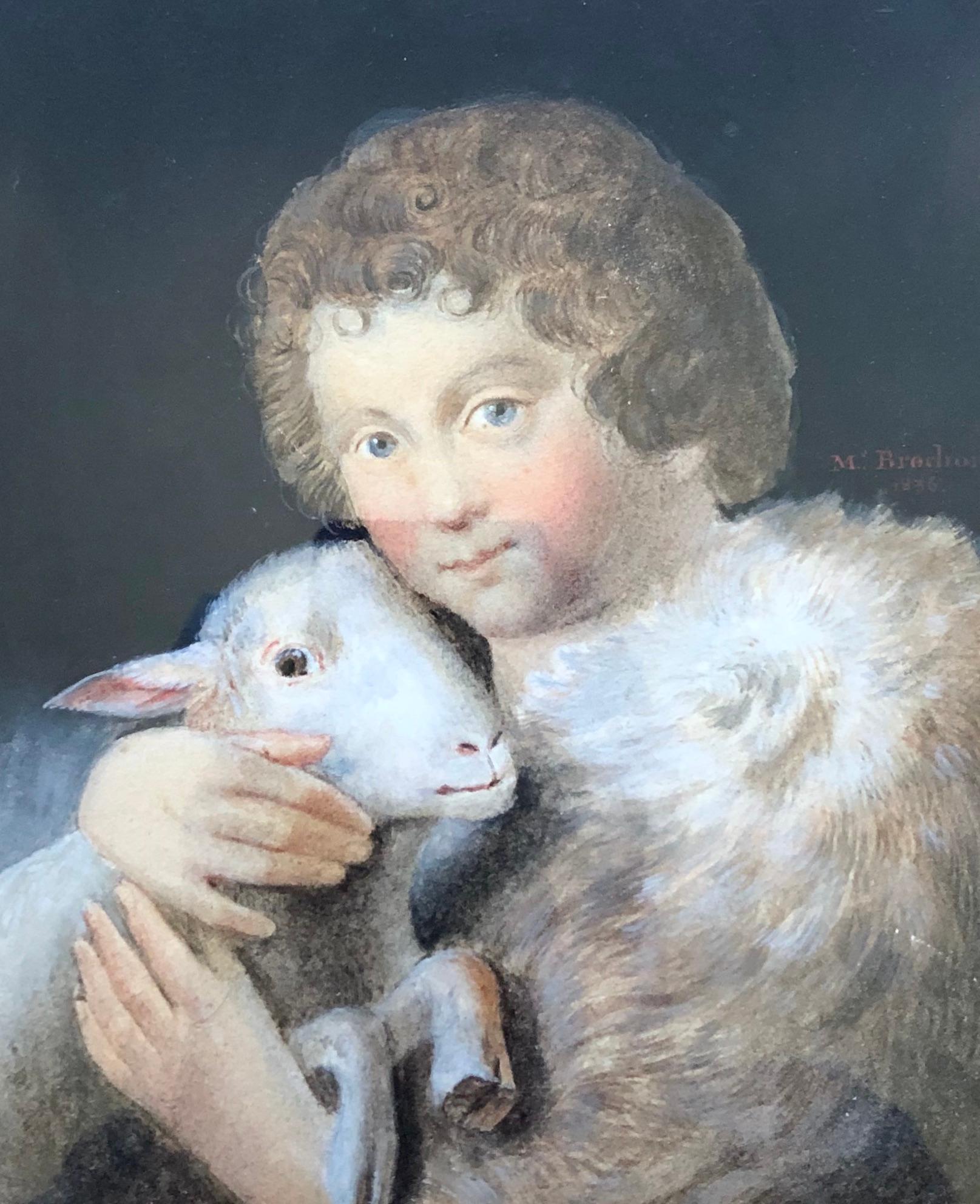 Young Shepherd And His Lamb, Aquarell, signiert und datiert 1836 – Art von Unknown