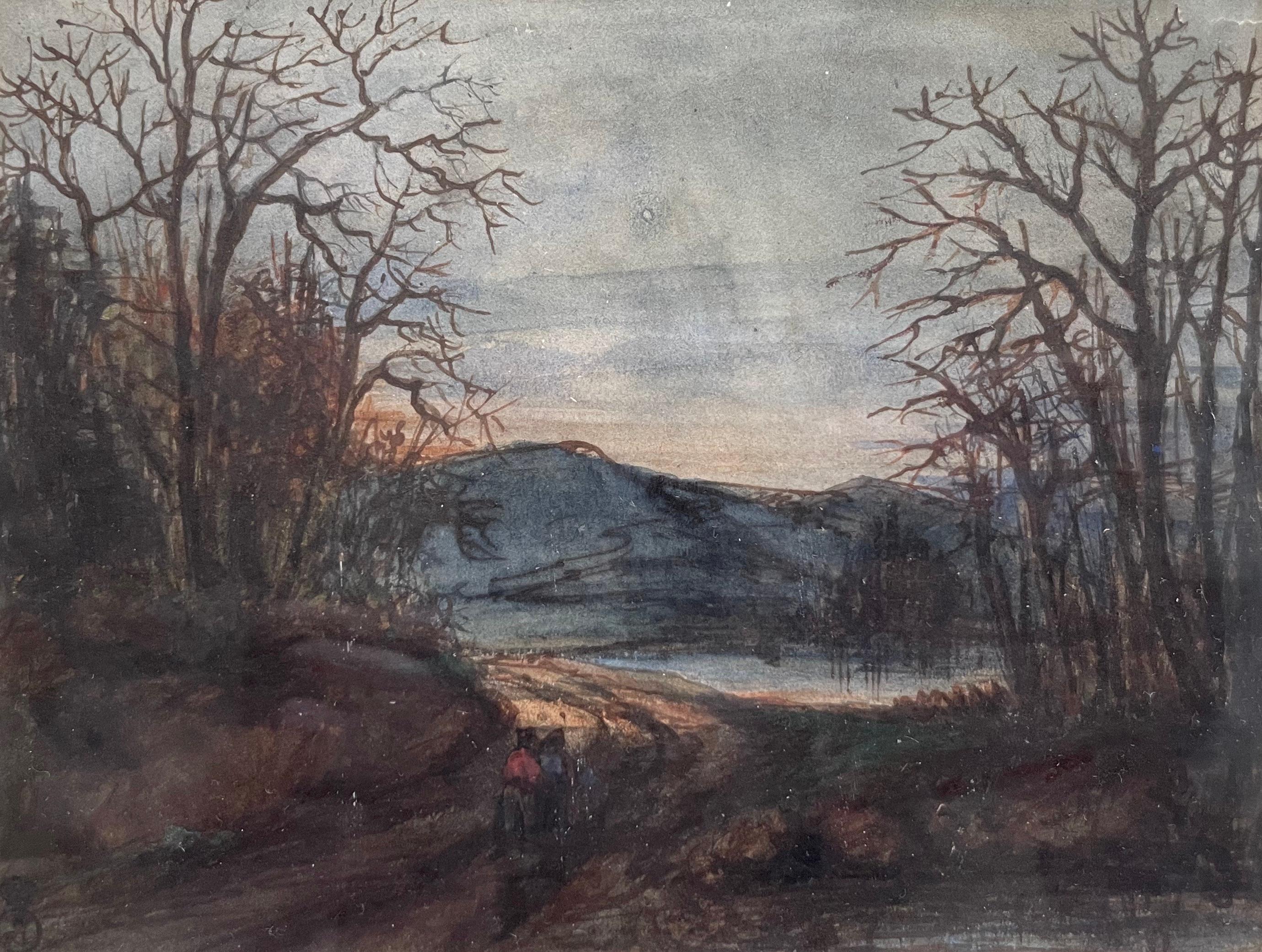 Figuren auf einem von Bäumen gesäumten Weg, Aquarell aus dem 19. Jahrhundert, Collector's Stamp – Art von Unknown