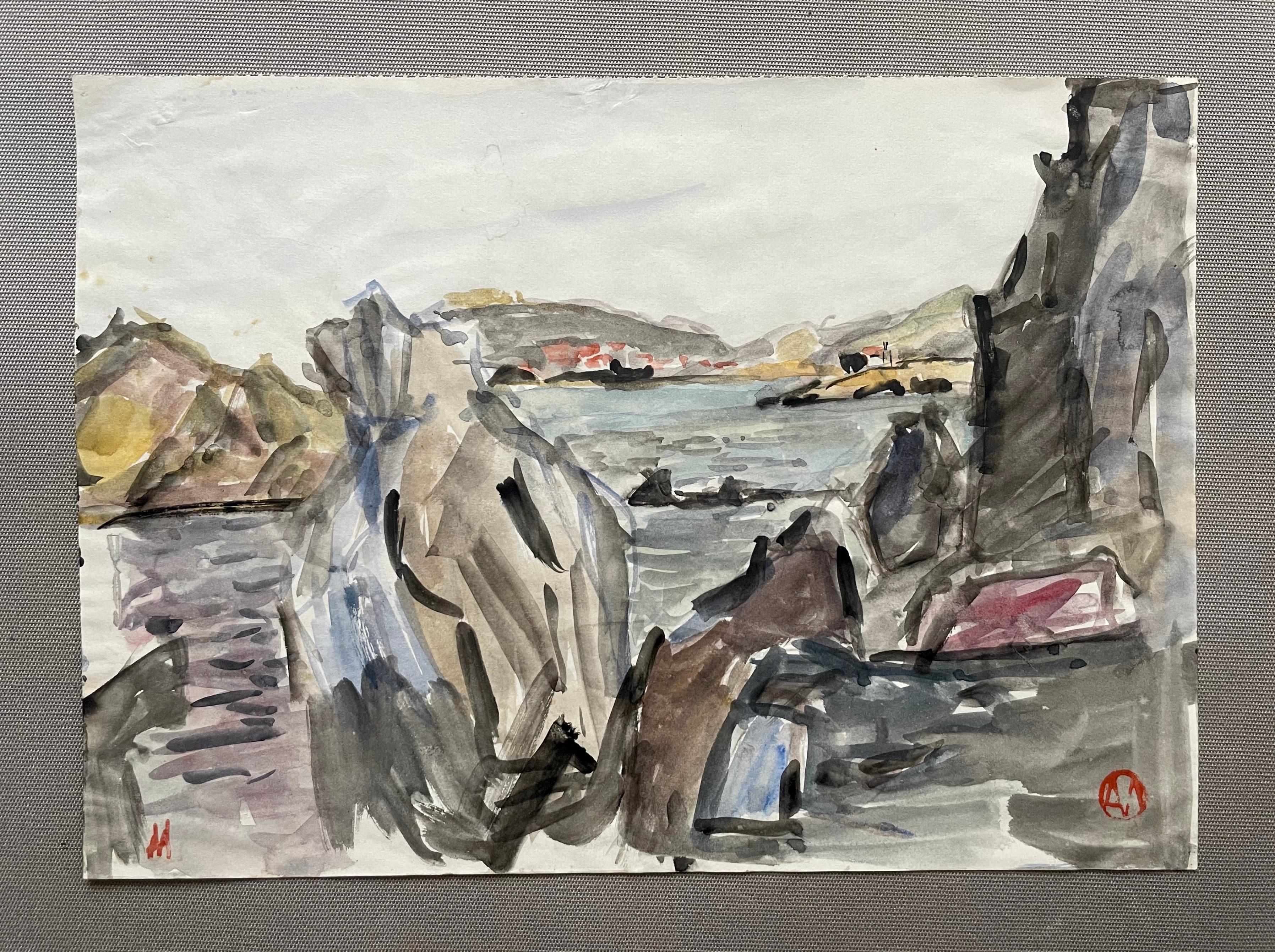 Coastal Landscape, Watercolor, Stamp To Identify - Art by Unknown